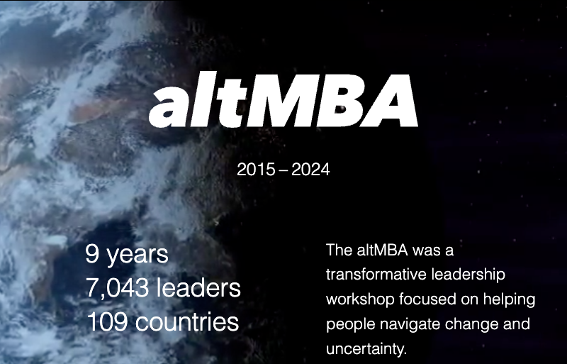 altMBA memorial page showing 9 years, 7,043 leaders, 109 countries
