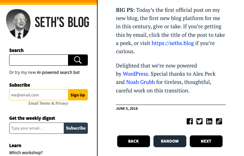 Seth Godin's blog post thanking Alex Peck for the redesign