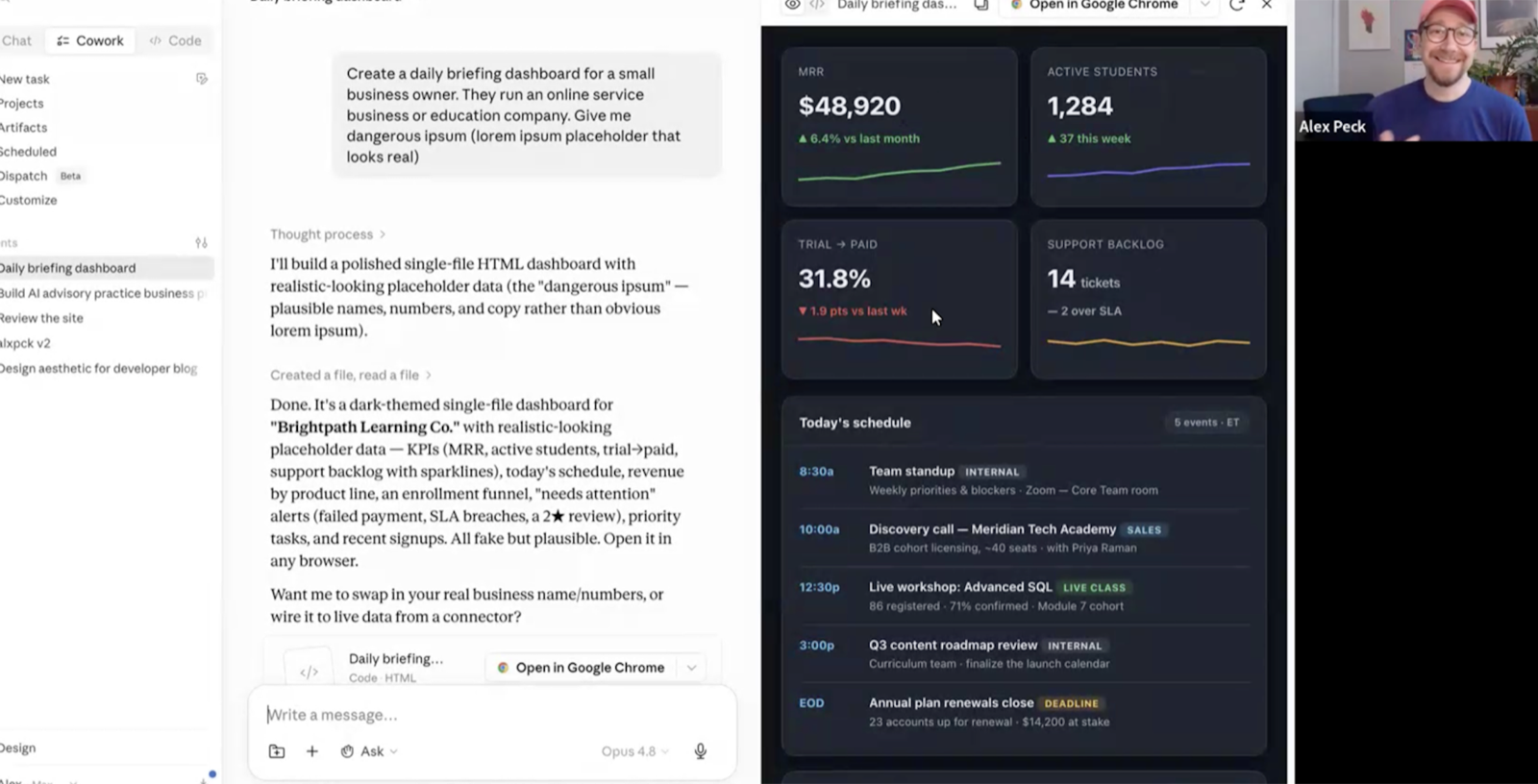 Alex on a live video call while a business dashboard is built in Claude, in real time