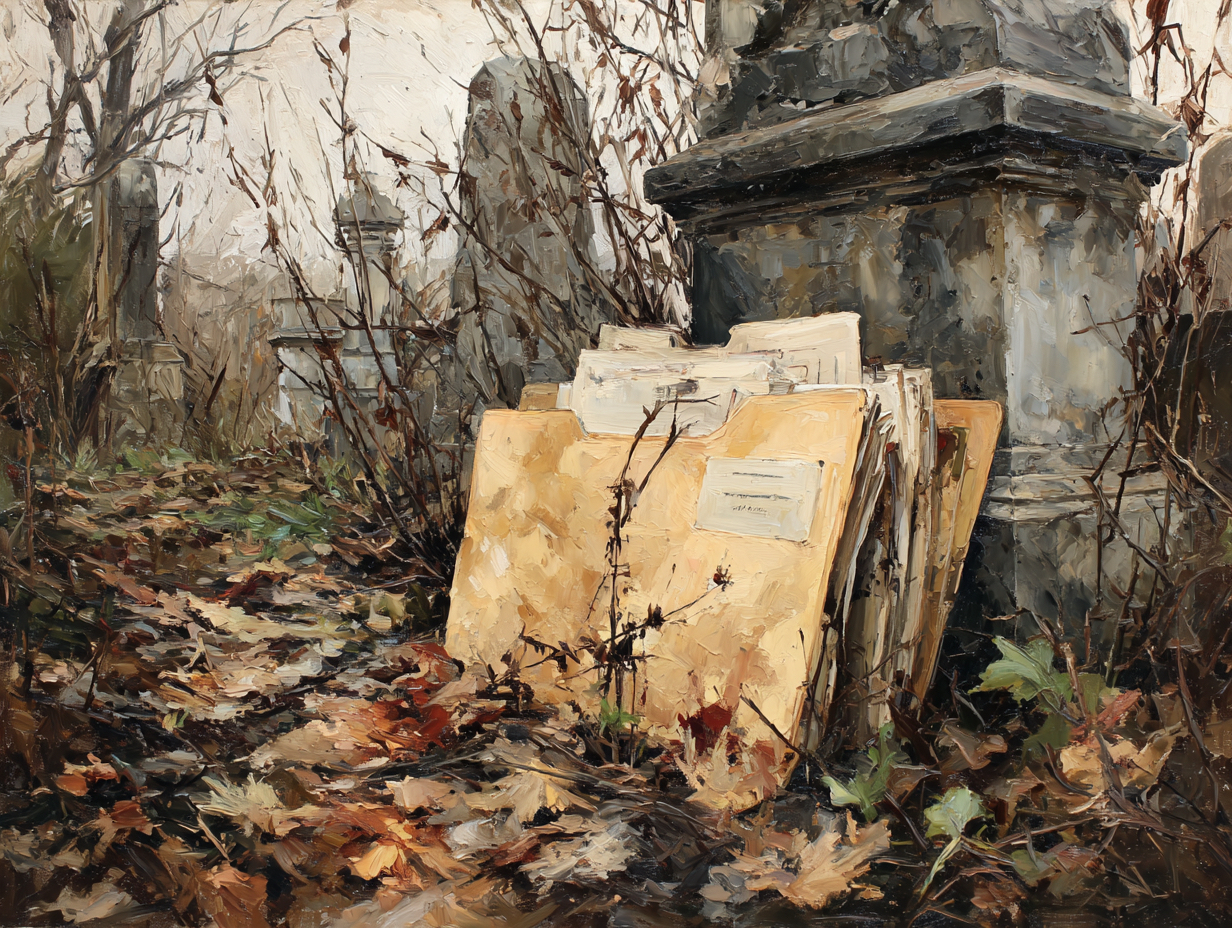 Painting of file folders leaning against a tombstone
