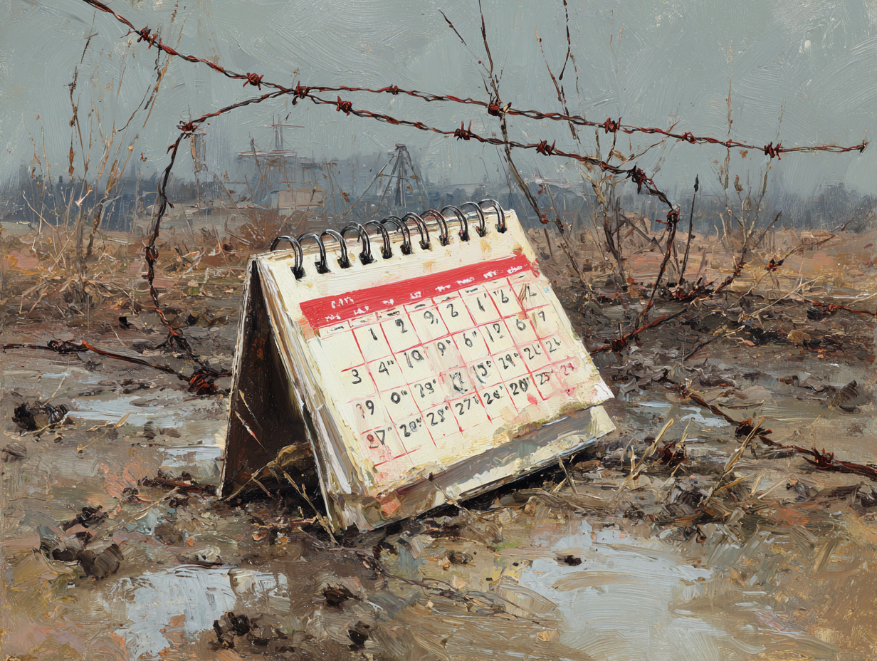 Painting of a calendar stuck in mud behind barbed wire