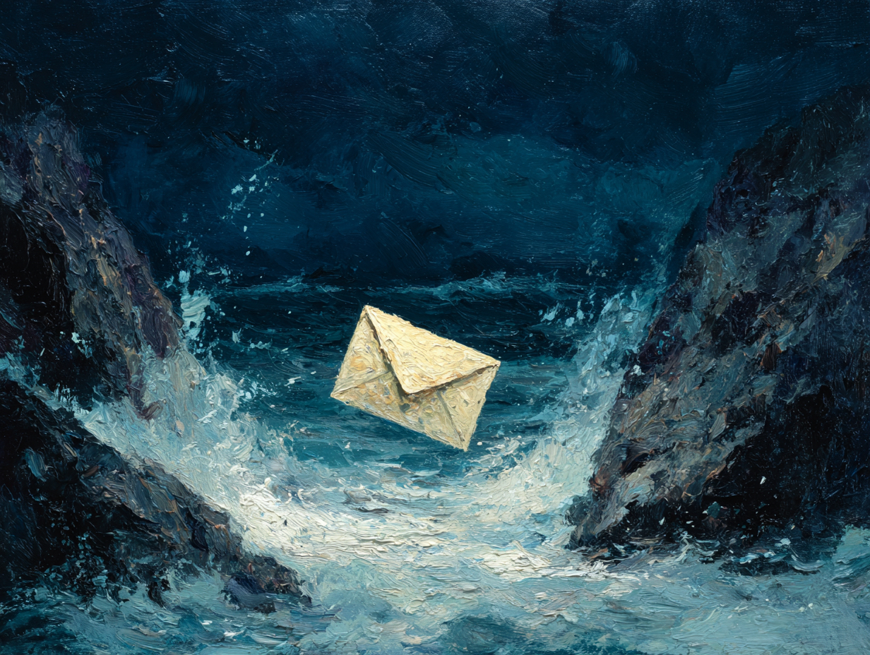 Painting of an envelope caught in stormy waters